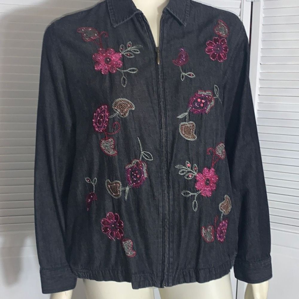 Vintage Breckinridge Floral Embroidered Zip Up Denim Shirt Jacket Large